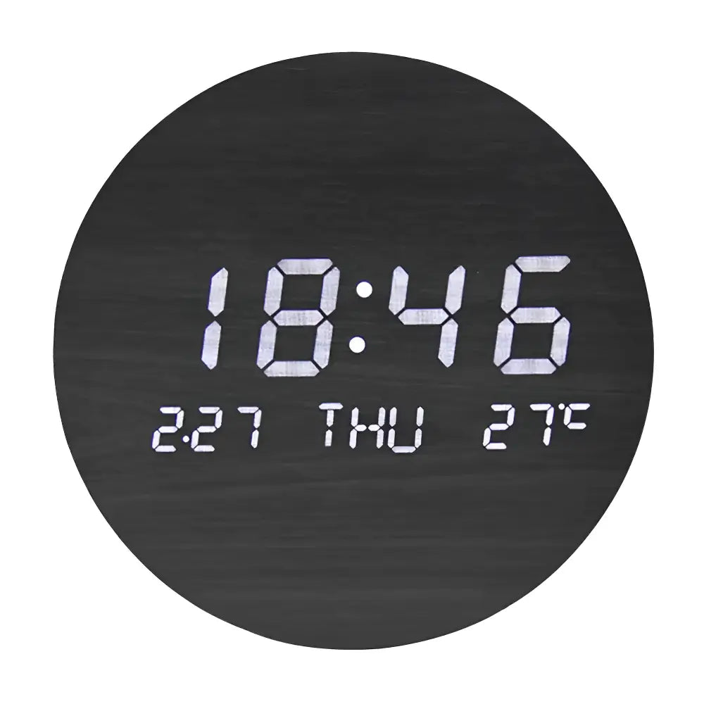 Circular solid wood wall clock with digital date and temperature readout