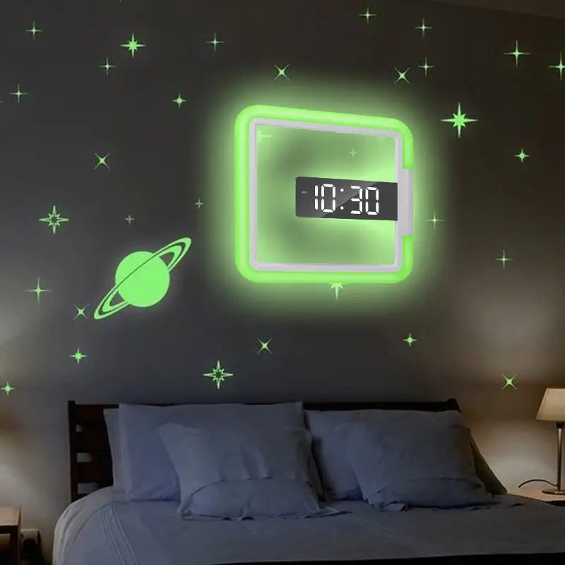 Square white digital wall clock mounted in a modern living room