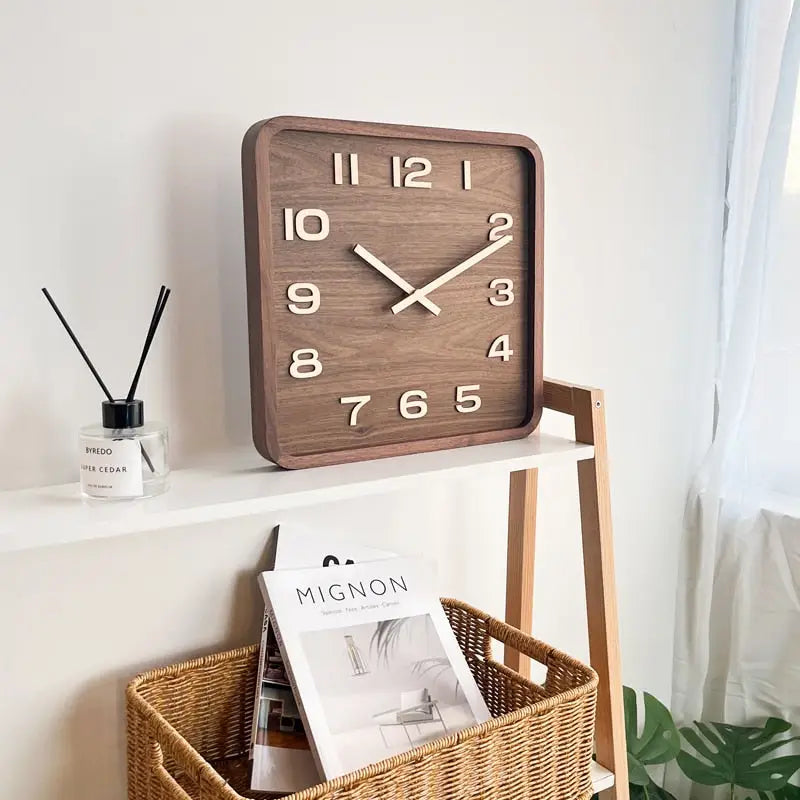 Modern square wooden wall clock 30 cm in a contemporary living room