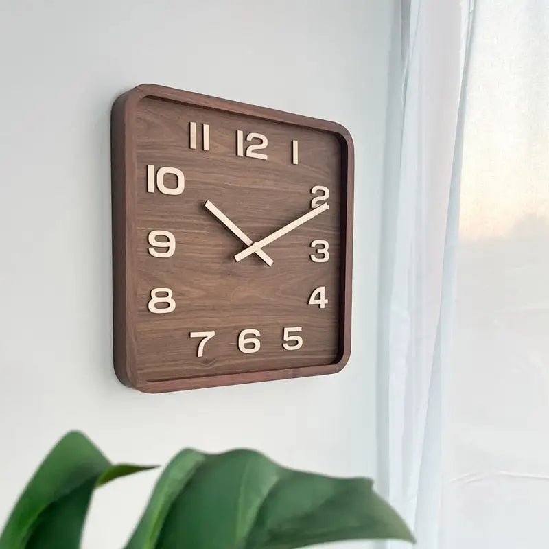 Square wooden wall clock 25 cm displayed in a modern kitchen