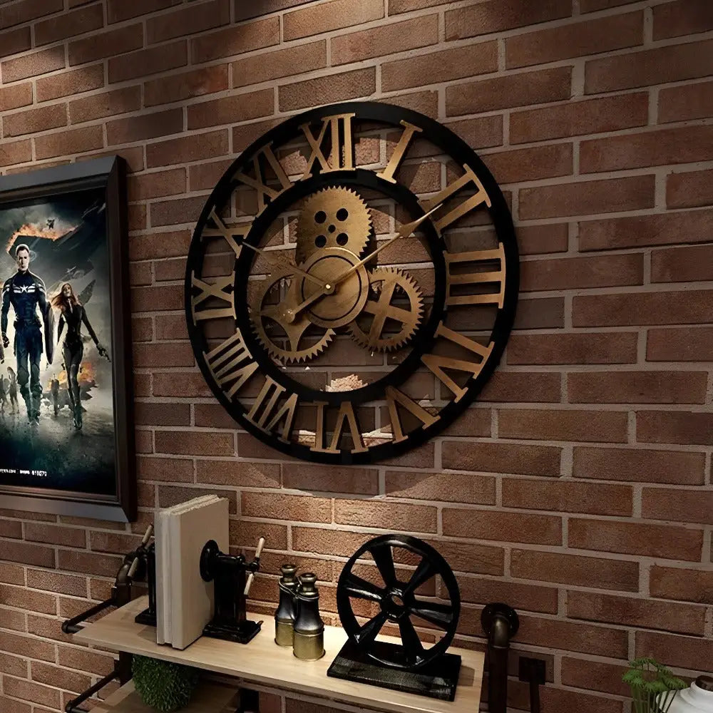 Close-up of visible wooden gear details on steampunk wall clock