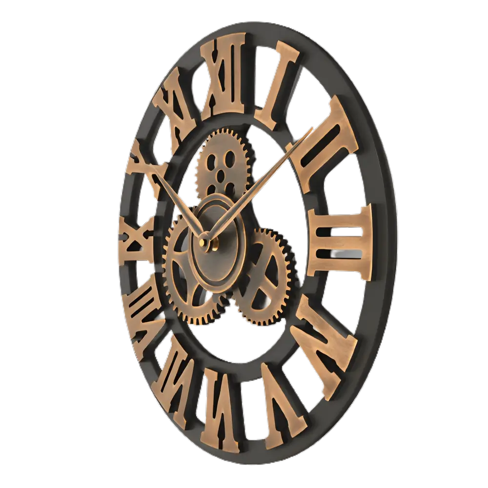 Silver steampunk wall clock hanging in industrial style living room