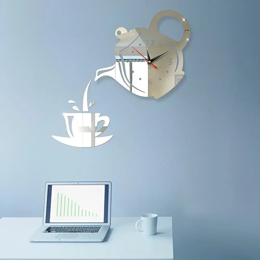 Silver teapot and kettle wall clock displayed above kitchen counter