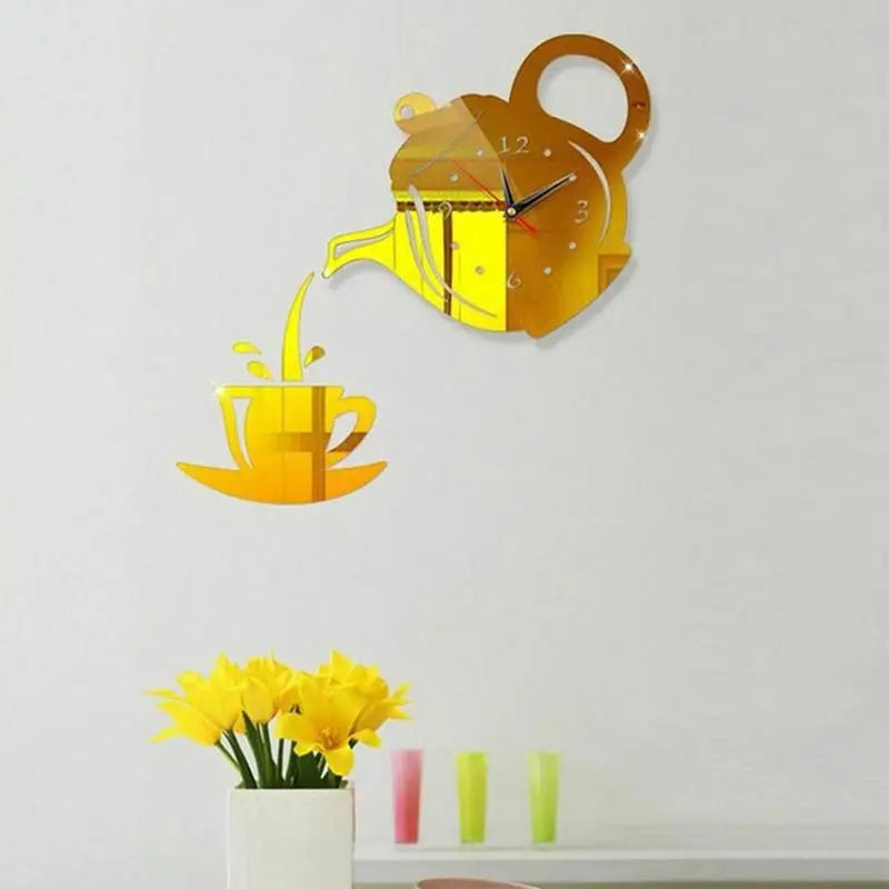 Vintage-style teapot wall clock showing silent quartz movement detail