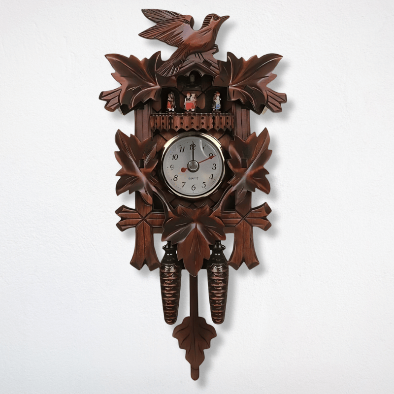 Side view of traditional wood cuckoo clock showing 5 cm depth profile