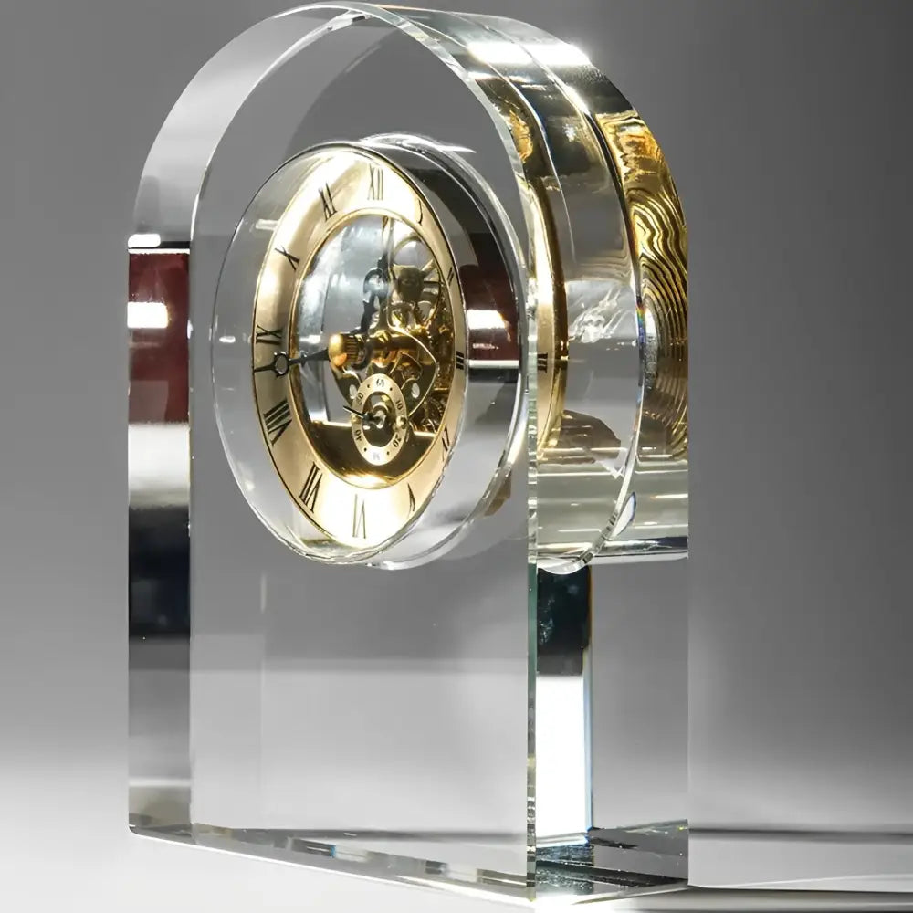Close-up of analog hand display on transparent quartz desk clock