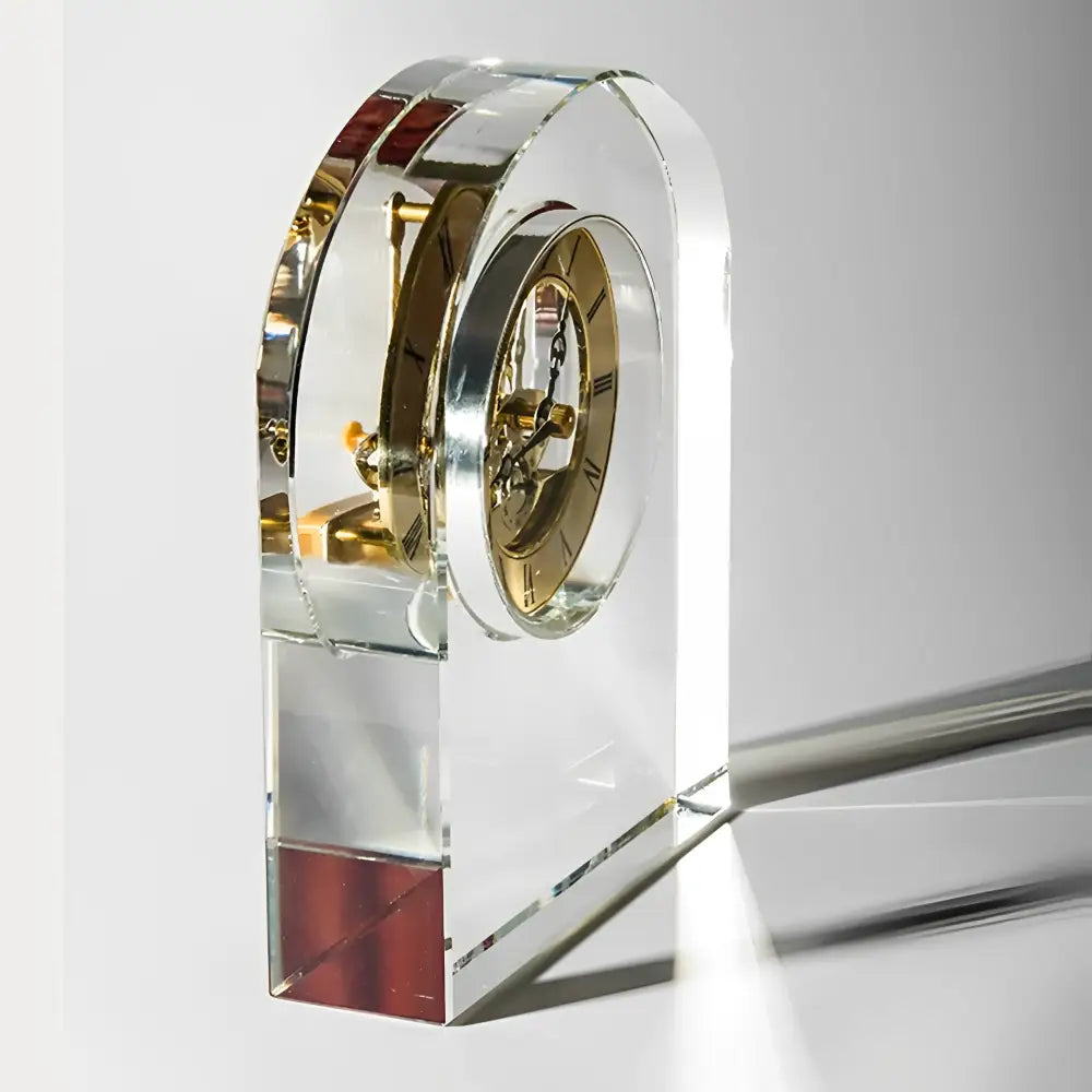 Side view of 11 x 17 cm glass crystal tabletop clock