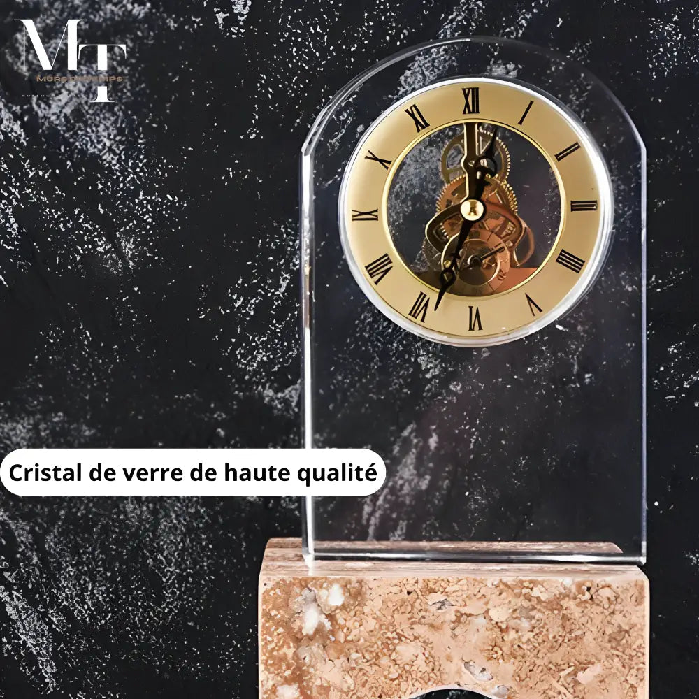 Antique style transparent desk clock in a modern home office setting