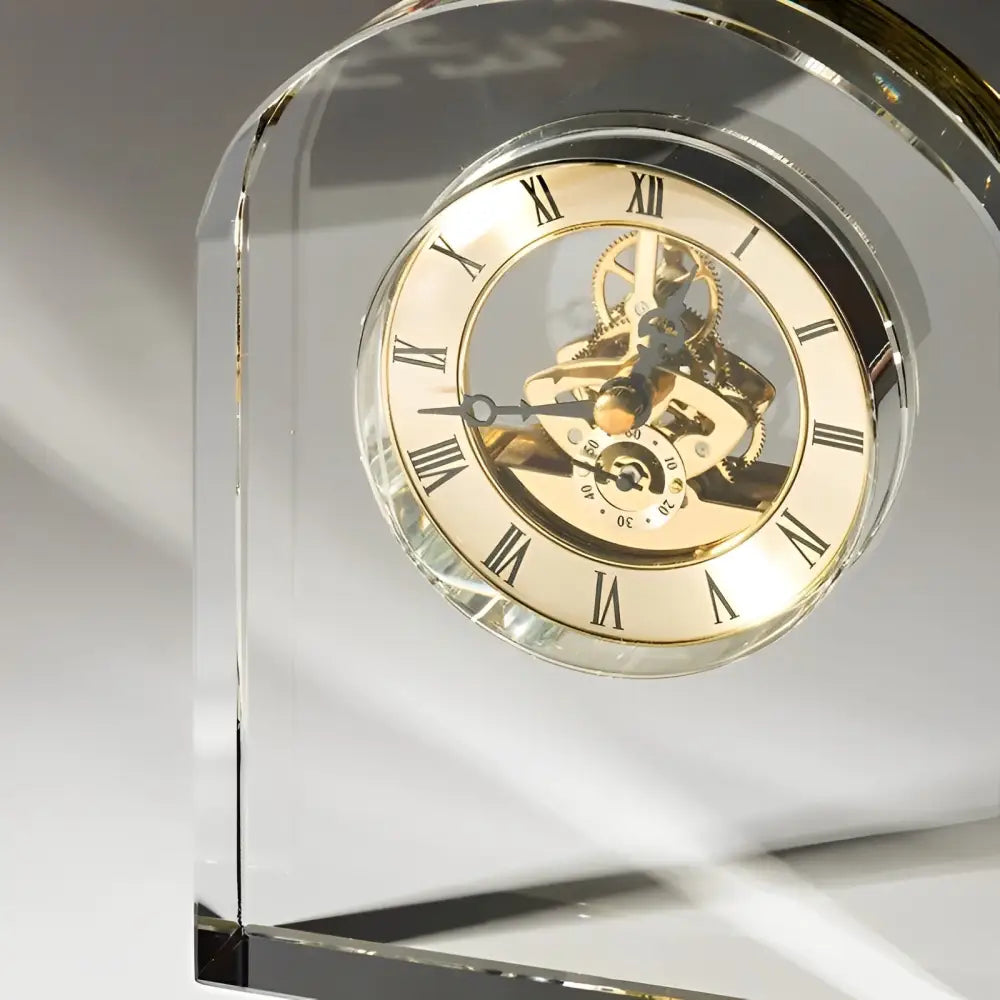 Battery-powered crystal desk clock with quartz movement detail
