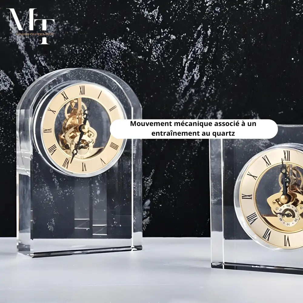 Transparent Glass & Crystal Desk Clock - Antique Quartz Design