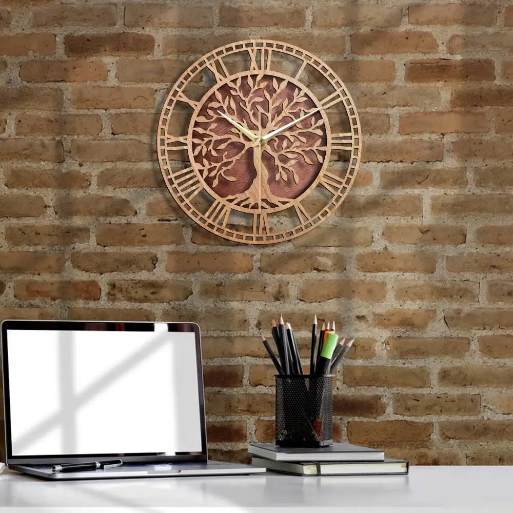 Close-up of Tree of Life clock face with analog hands and quartz movement
