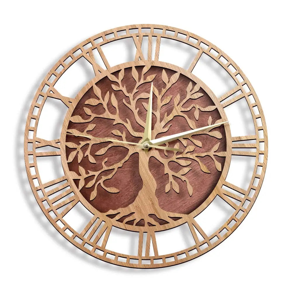 Side profile of Tree of Life wall clock showing natural wood body