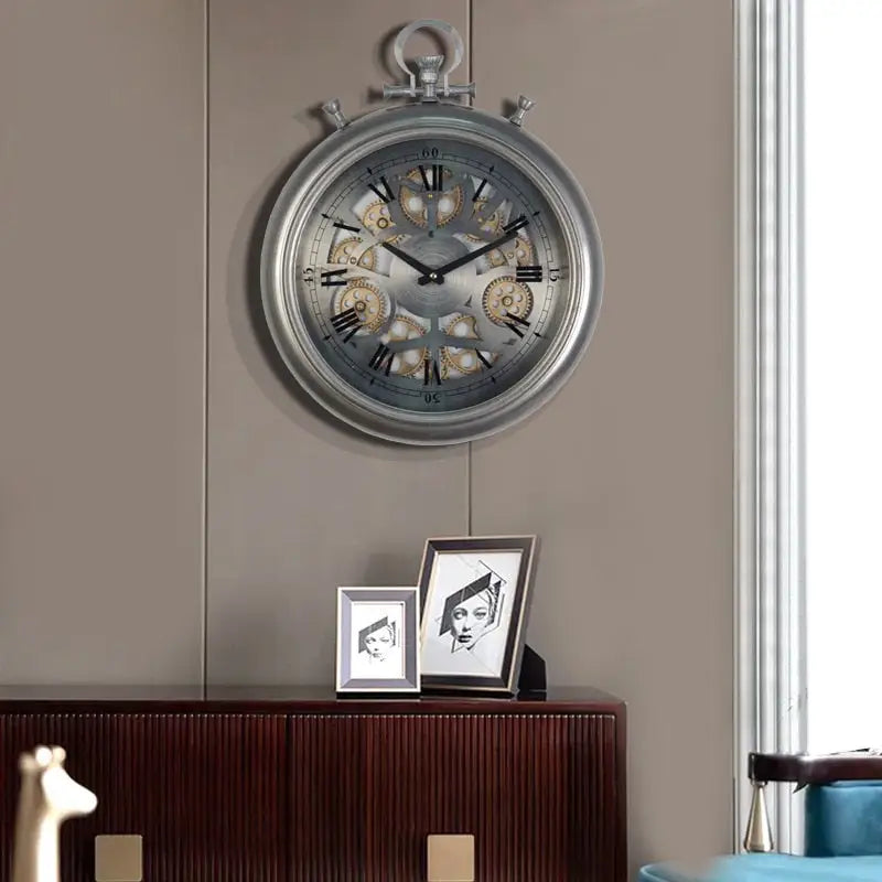 Silent quartz turning gear wall clock mounted in modern living room