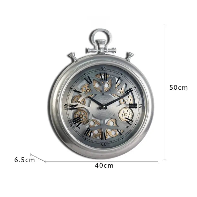 Steampunk-style spinning gear wall clock - side profile view
