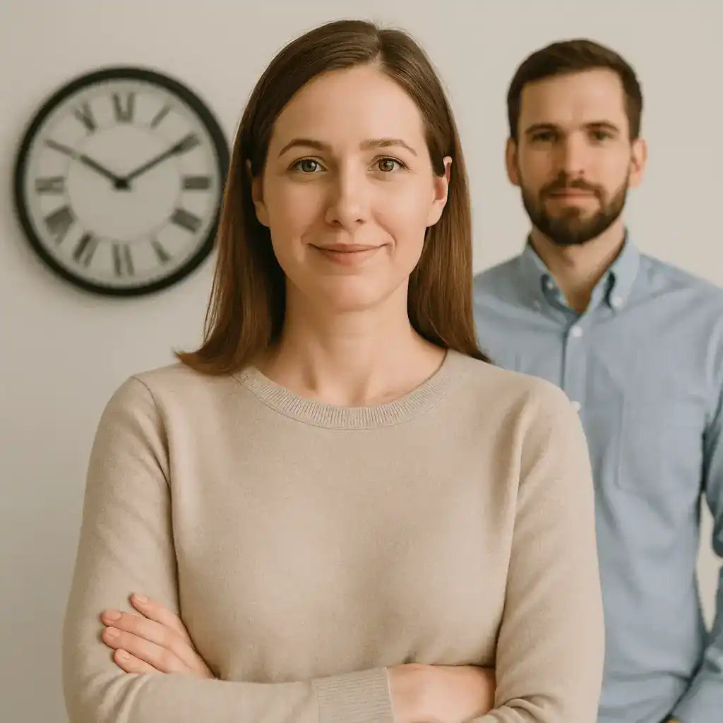 Two professionals posing in an office setting.