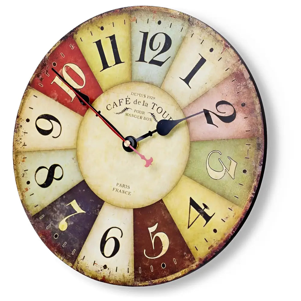Cafe de la Tour wall clock styled in a cozy living room