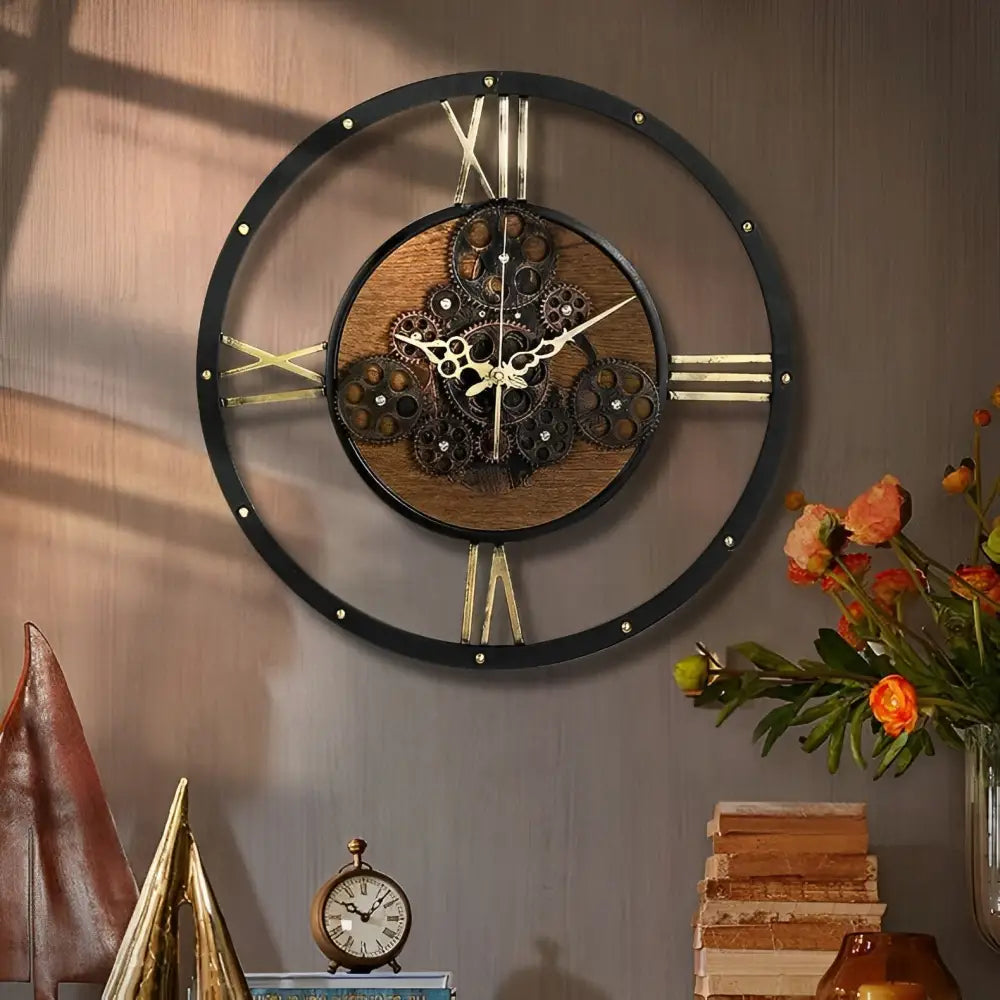 Close-up of rotating gear mechanism on metal and bamboo wall clock