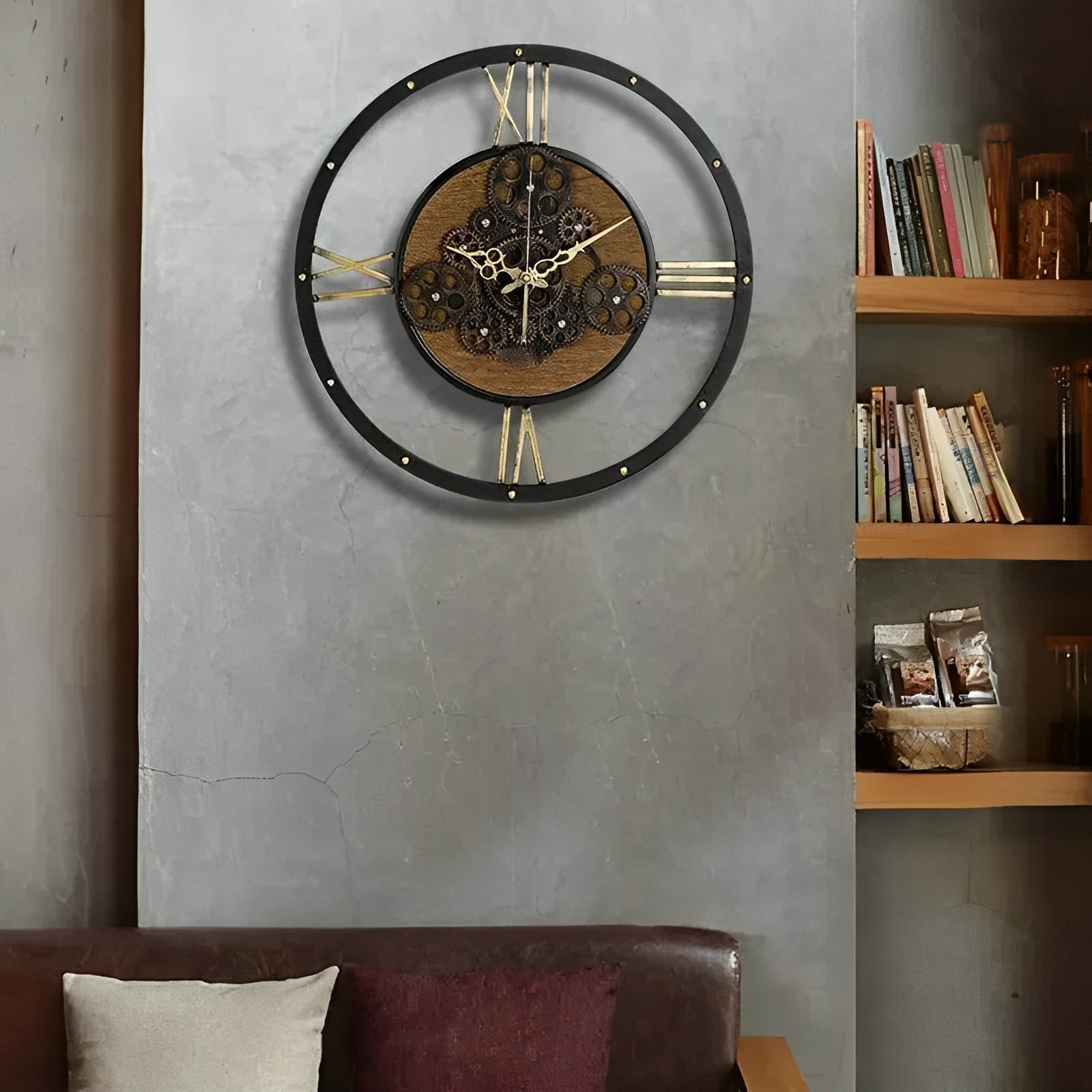 Industrial style wall clock hanging in a living room with antique decor