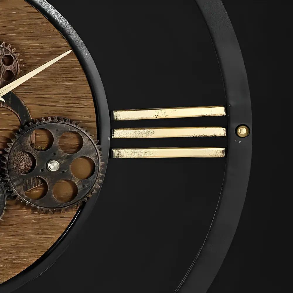 Bamboo wood clock face with analog hands and gear details