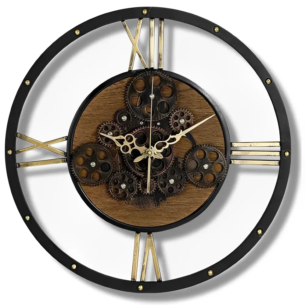 Vintage Gear Wall Clock - Metal & Bamboo Wood, 20 in
