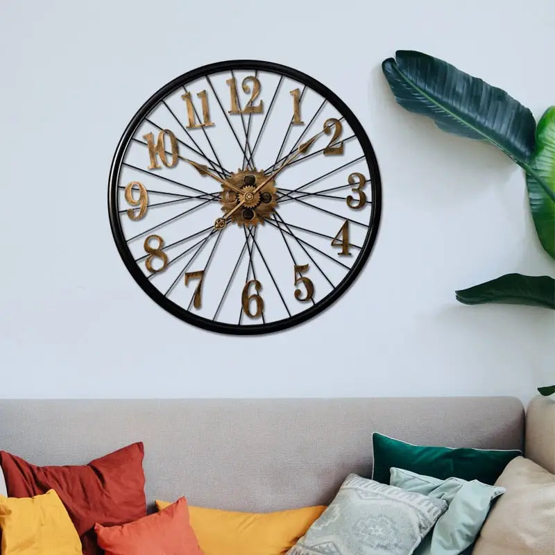 Industrial bicycle wheel wall clock in gold finish