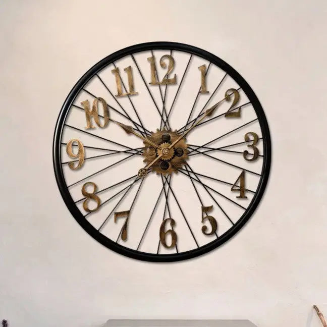 Close-up of silent quartz movement on metal gear wall clock