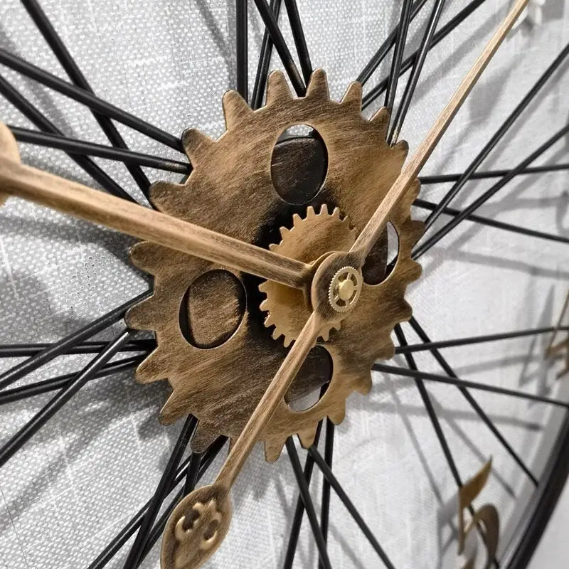 Silver vintage wheel wall clock detail showing metal spokes