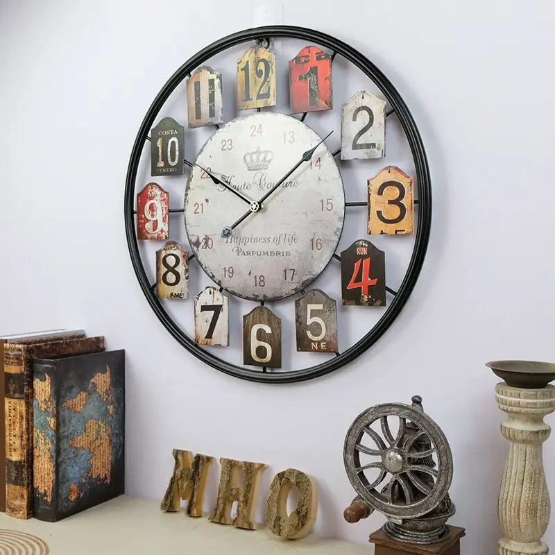 Close-up of still-life motif on retro metal wall clock face