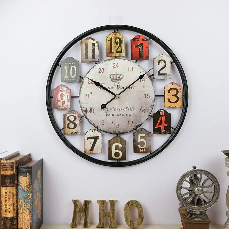 50 cm vintage wall clock hanging above a living room sofa