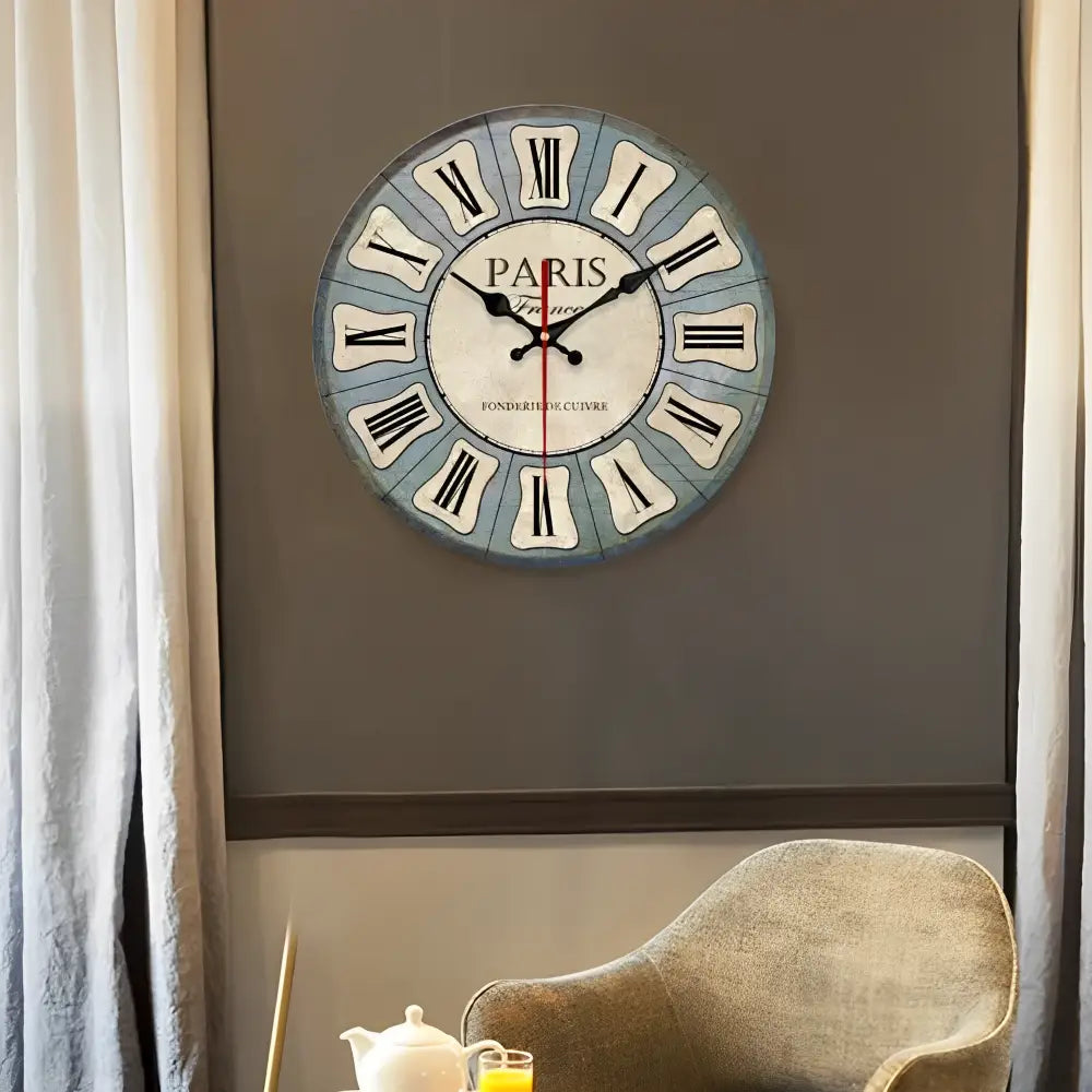 Silent quartz wall clock with wood body and Roman numeral dial