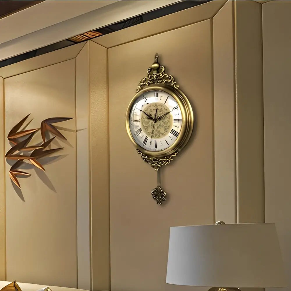 Vintage wall clock Arabic numeral style mounted on living room wall