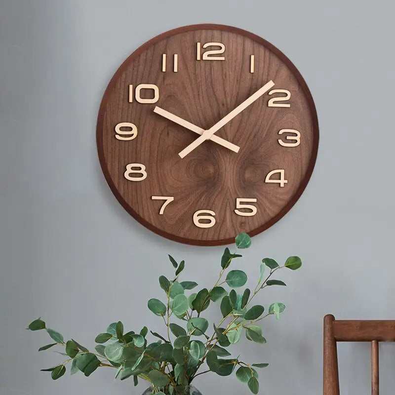 Round walnut wall clock 31 cm style 1 close-up showing wood grain detail