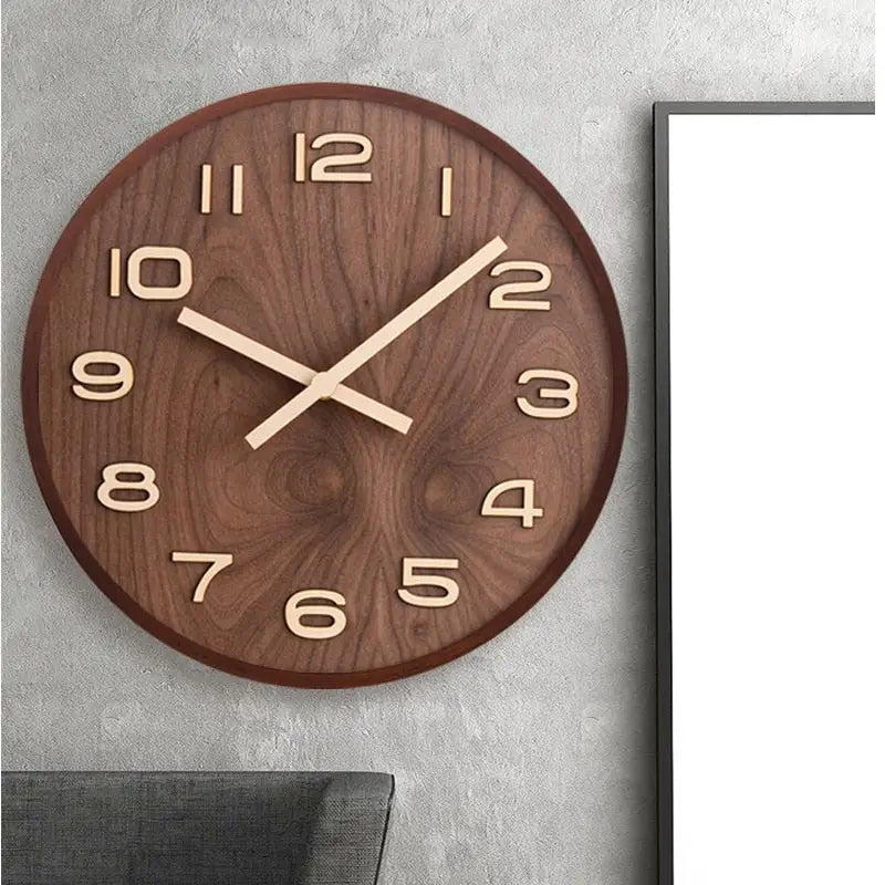 36 cm walnut wood wall clock hanging in a modern living room