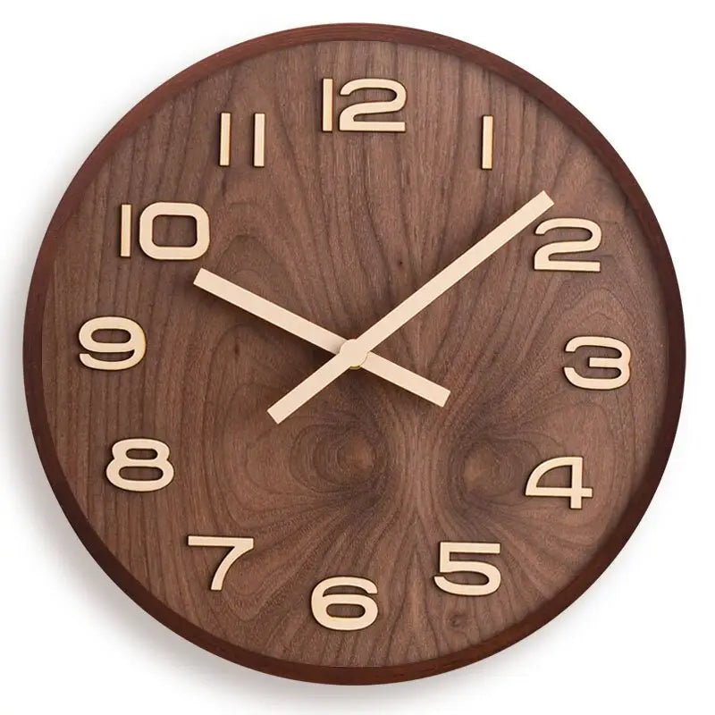 Back view of walnut wood wall clock showing silent quartz movement