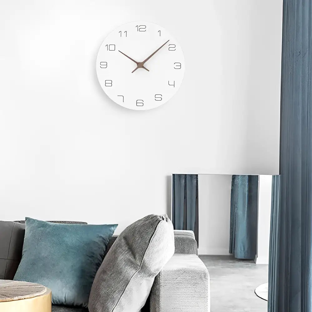 Lightweight 350g white wood clock hung in modern bedroom