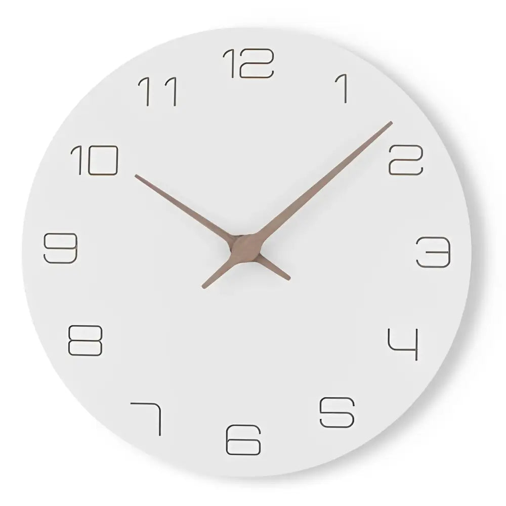 Minimalist white bamboo clock with still-life motif on white wall