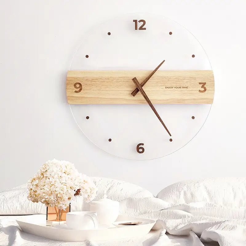 Close-up of acrylic dial and wooden frame of silent wall clock
