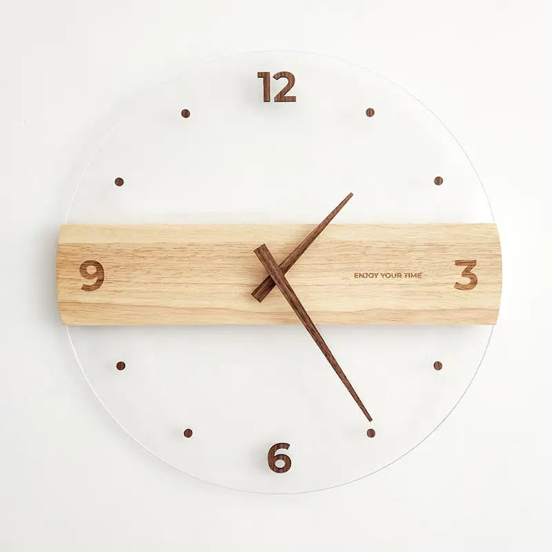 Wood and acrylic wall clock displayed in a modern living room