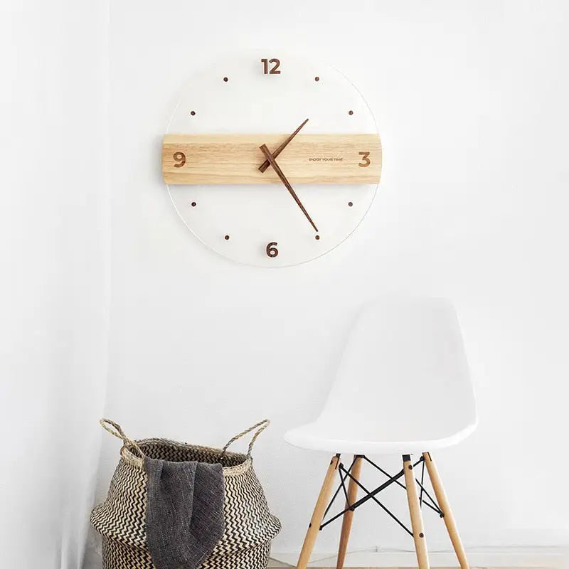 Analog hand display on circular wooden wall clock