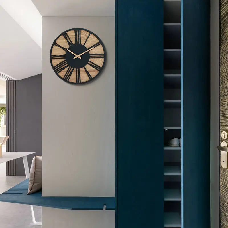 Roman numeral wall clock styled in an industrial loft interior