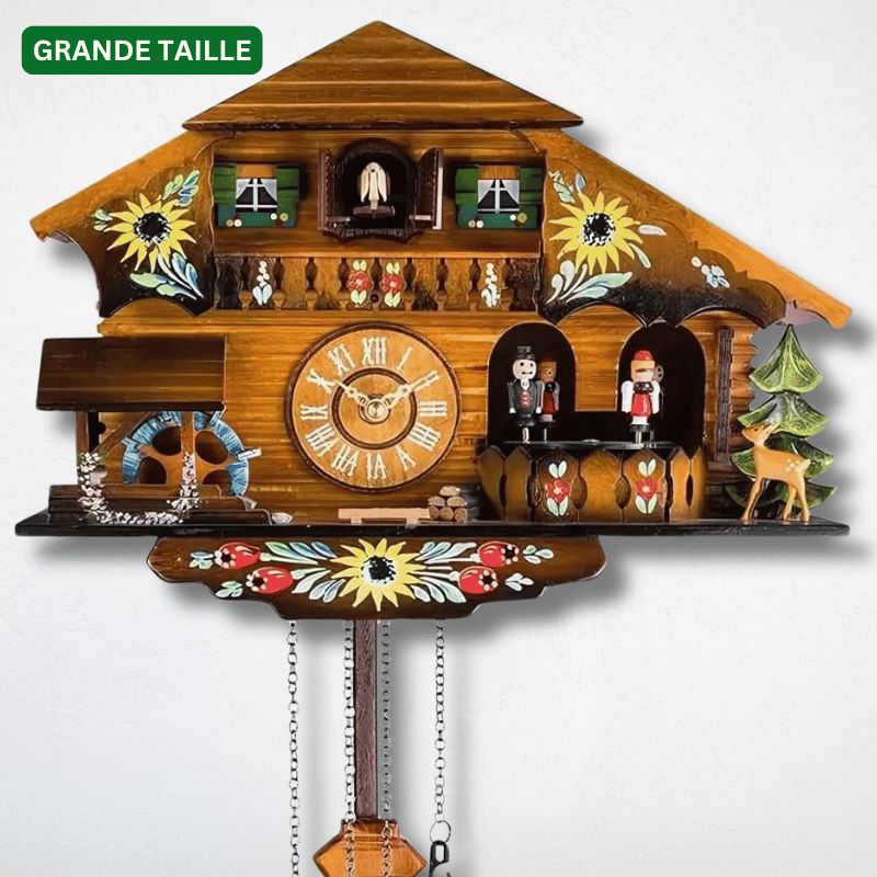 Close-up of hand-painted alpine chalet details on solid wood cuckoo clock