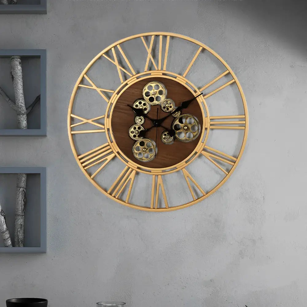 Wood & Gear Wall Clock - 60 cm Silent Quartz Roman Numeral