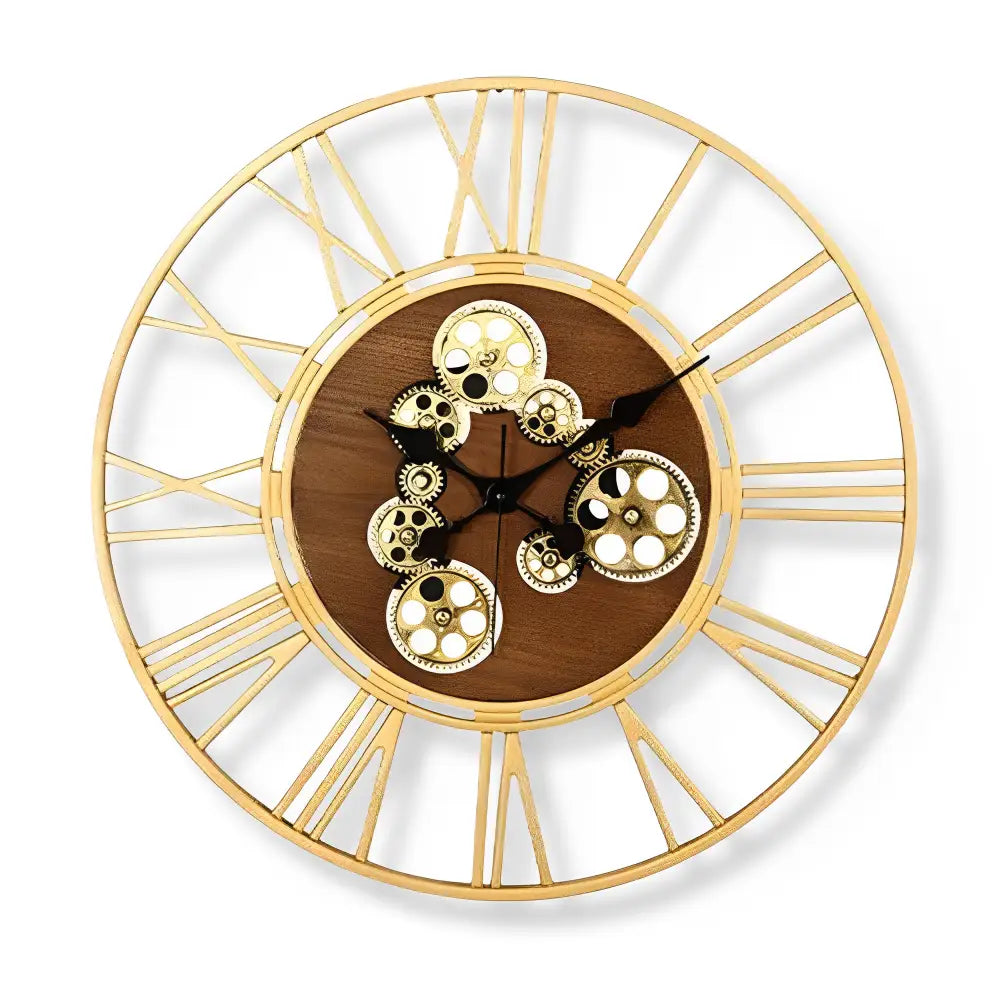 Wood & Gear Wall Clock - 60 cm Silent Quartz Roman Numeral