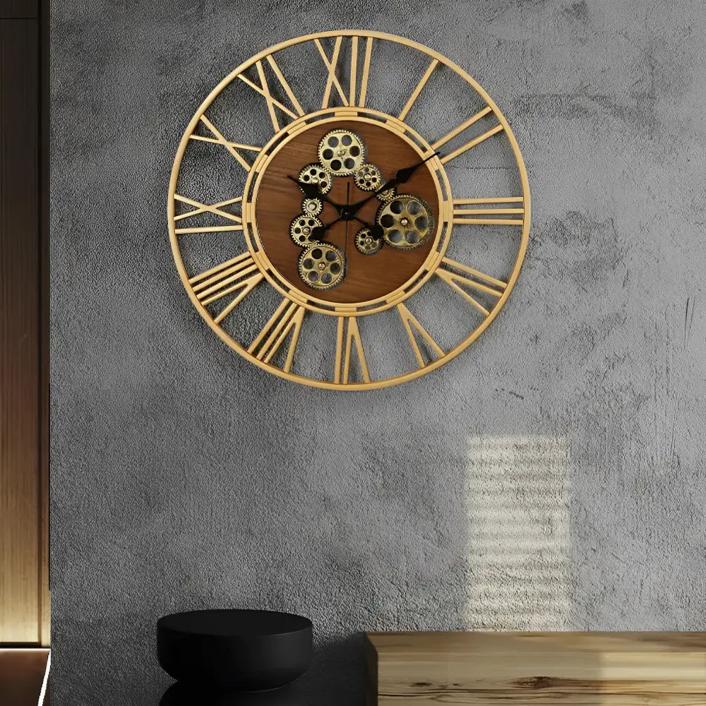 Close-up of metal gear details on industrial wall clock
