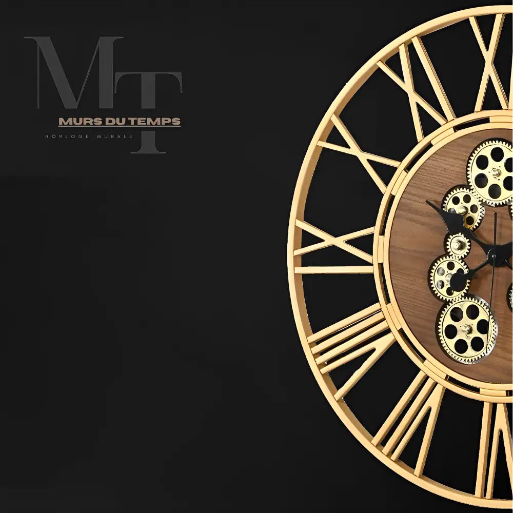 Silent quartz wall clock with wood-look acrylic and gold-tone metal frame