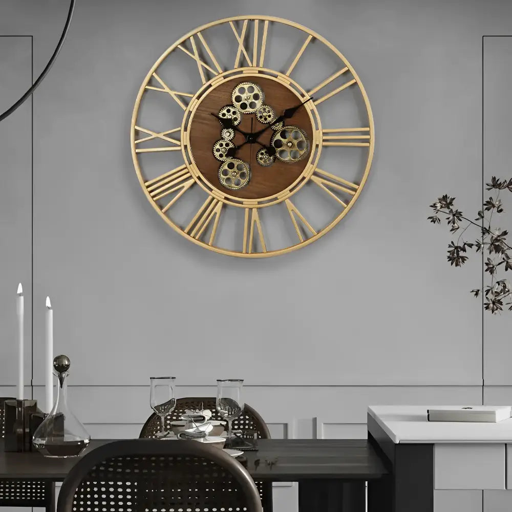 Large 24-inch gear wall clock displayed in modern living room