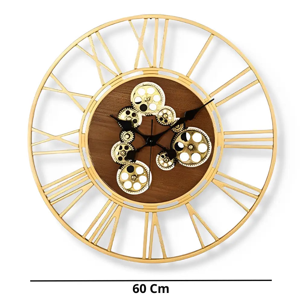 Wood & Gear Wall Clock - 60 cm Silent Quartz Roman Numeral