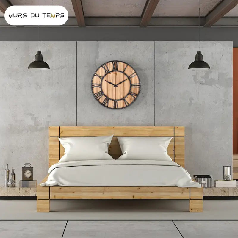 Close-up of metal Roman numeral markers on wooden wall clock