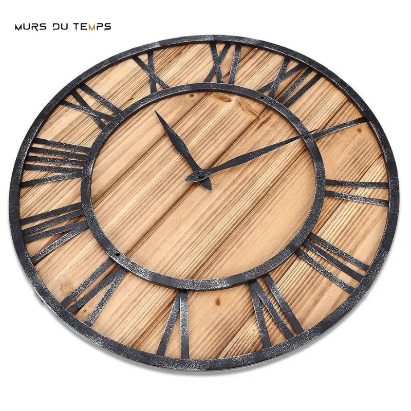 Wood and metal wall clock displayed in a modern living room