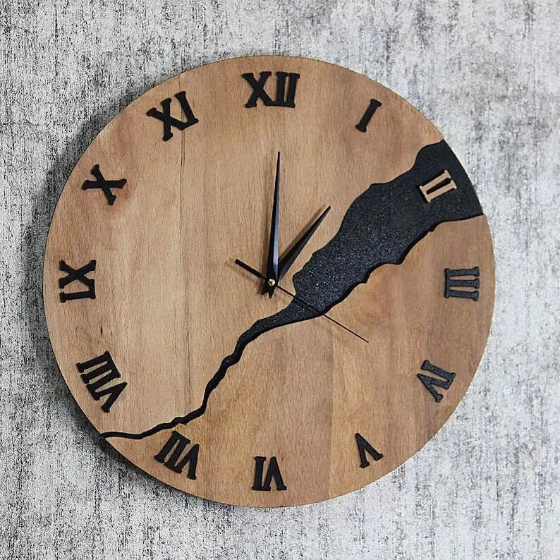 Wooden Design Wall Clock - Crackled Wood Dial, Silent Quartz